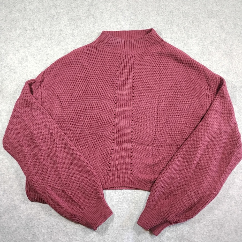 Le ORE Ruby Red Merino Wool Blend Mock Neck Cropped Ribbed Sweater Womens Medium